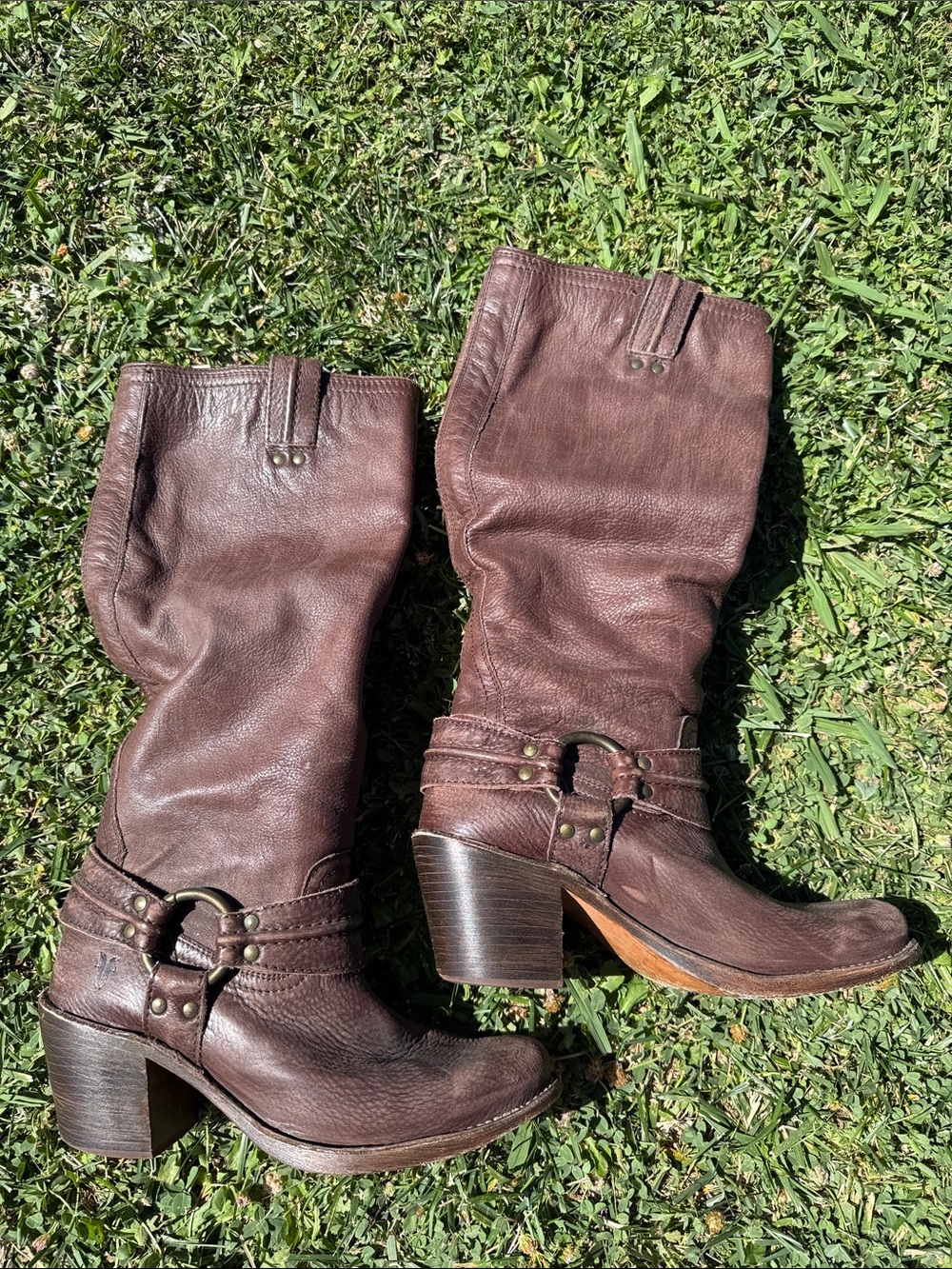 Frye Brown Leather Mid-Calf Heeled Harness Boots
